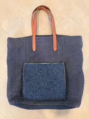 Navy Woven Tote with Tan Leather Handles